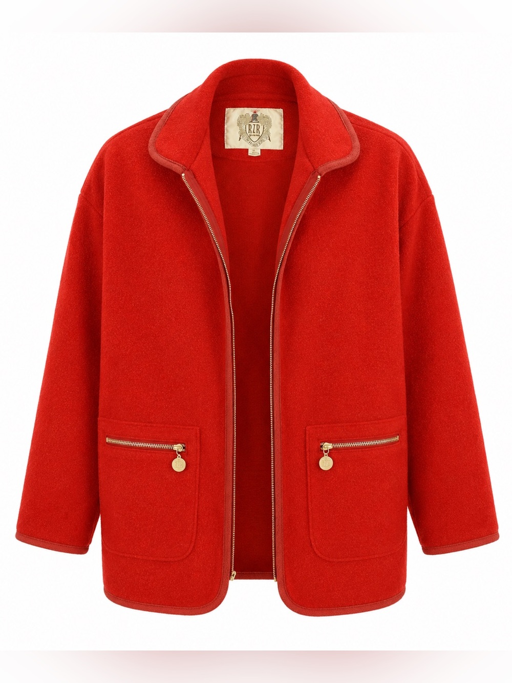 RZR WeatherWise Wool Blend Zip Front Jacket Red Sz L Oversize Pipe Trim VTG